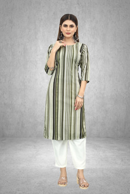 Maridiifashion Women Striped Straight Kurta(Green)
