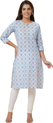 Globus Women Printed Straight Kurta(Grey, Light Blue)
