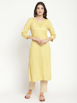 SAVI Women Embroidered A-line Kurta(Yellow)