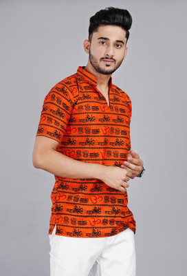 ARDANAY Men Printed Straight Kurta(Orange)