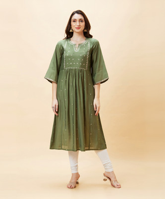 Globus Women Embroidered A-line Kurta(Green)
