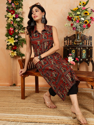 Gulmohar Jaipur Women Printed Straight Kurta(Maroon)