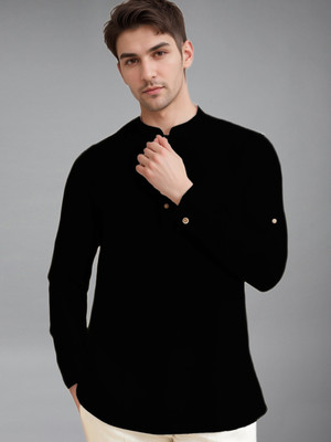 UNIFAV Men Solid A-line Kurta(Black)