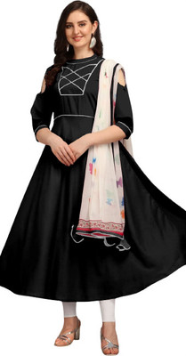 Mahudi Women Self Design Anarkali Kurta(Black, Silver)