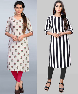 tanvi creation Women Printed Straight Kurta(Beige, White)