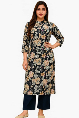 Zentaro Women Printed A-line Kurta(Black)