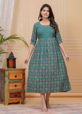 PARSHITA COUTURE Women Printed A-line Kurta(Dark Blue)