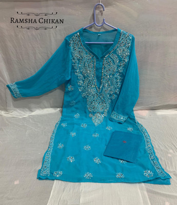 RAMSHA CHIKAN Women Embroidered Straight Kurta(Light Blue)