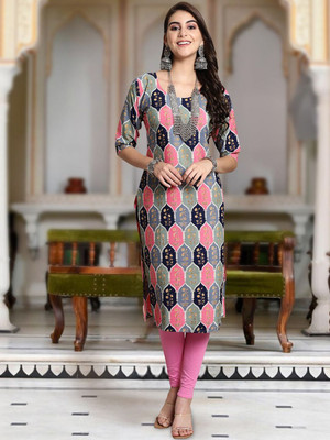 Moda Rapido Women Floral Print Straight Kurta(Grey)