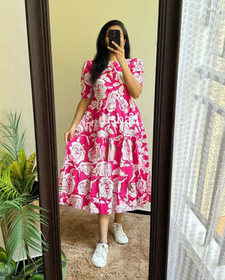 ASHRU Women Floral Print Flared Kurta(Pink)