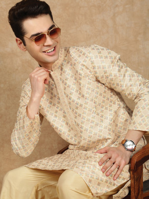 Sanwara Men Floral Print Ethnic Dress Kurta(Beige)