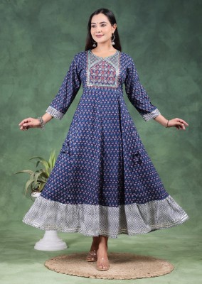 JAFFRY EMBROIDERY Women Printed Anarkali Kurta(Blue)