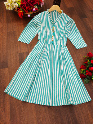 Zilcon Women Striped Ethnic Dress Kurta(Light Blue)