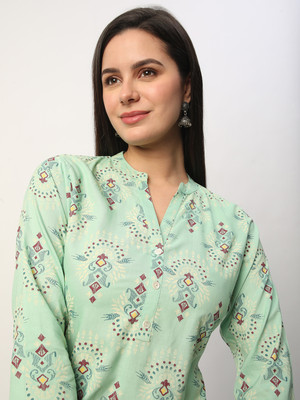 R&B Women Printed A-line Kurta(Green)
