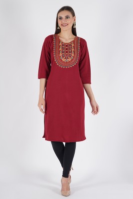 CROWNKING Women Embroidered A-line Kurta(Maroon)