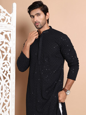 ANOUK Men Embroidered Straight Kurta(Black)