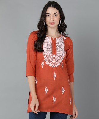 TOP N THREAD Women Chikan Embroidery, Embroidered, Self Design Straight Kurta(Brown)