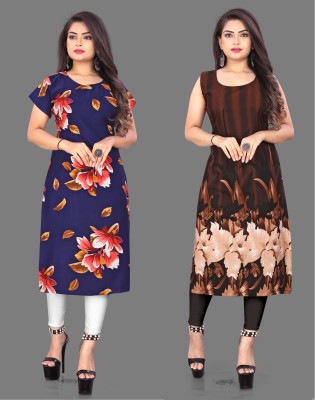 Hiral Creation Women Floral Print Straight Kurta(Blue, Brown)