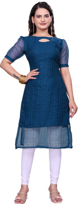 DHAAGA Women Embroidered A-line Kurta(Blue)