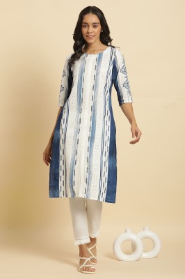 W Women Geometric Print Straight Kurta(Dark Blue, Blue, White)