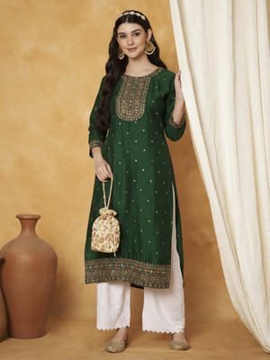 RARE THREAD Women Embellished Straight Kurta(Green)