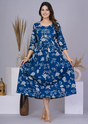 Desi Era Women Printed Flared Kurta(Blue)