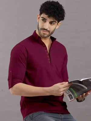 omkar Men Solid Straight Kurta(Maroon)