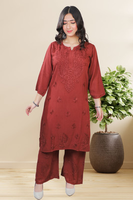 SIILKARI CHIKANKARI Women Chikan Embroidery Straight Kurta(Brown)