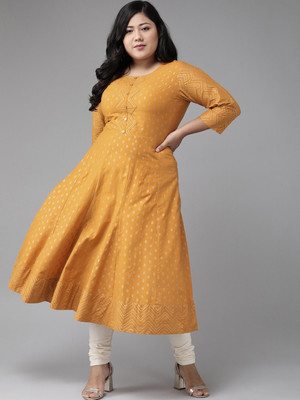 AKIKO Women Printed Anarkali Kurta(Yellow)