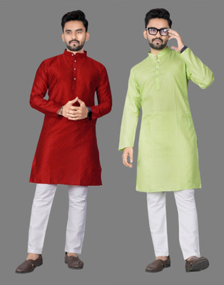 DHASU TRENDZ Men Self Design, Solid Straight Kurta(Green, Maroon)