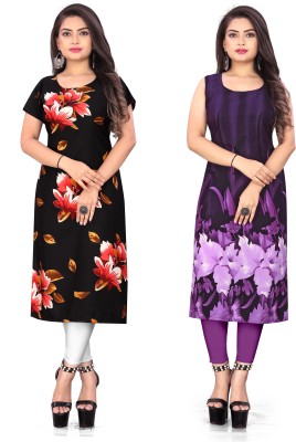 Modli 20 Fashion Women Floral Print, Printed Straight Kurta(Black, Purple)