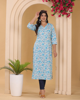 VAYUDUTAM Women Printed A-line Kurta(Light Blue)