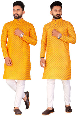 FRELURO Men Printed Straight Kurta(Yellow)