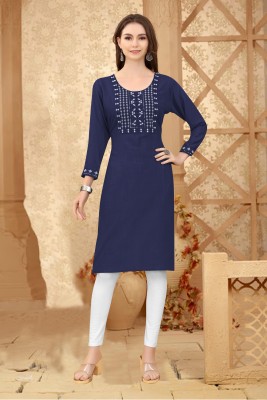 Arozi Women Embroidered Straight Kurta(Dark Blue)