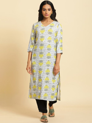W Women Printed Straight Kurta(White)
