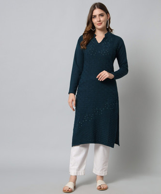 HERMISTON Women Self Design Straight Kurta(Blue)