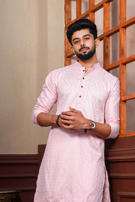 Koshin Men Printed Straight Kurta(Pink)