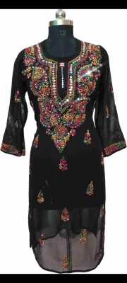 Neelam Chikan Women Chikan Embroidery Straight Kurta(Black)