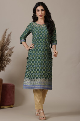 Aurelia Women Abstract Straight Kurta(Green)