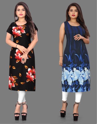 maruti fab Women Floral Print Straight Kurta(Black, Blue)