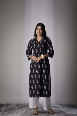 FLIRENCE Women Floral Print, Printed Straight Kurta(Black)