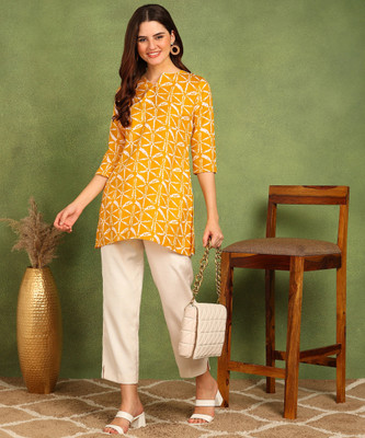 DSK STUDIO Women Geometric Print Straight Kurta(Yellow)