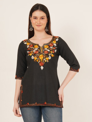 Miss Peach Casual Embroidered Women Black Top