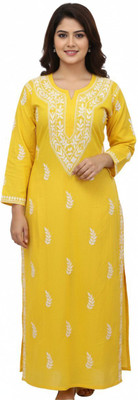 nafacreation Women Chikan Embroidery Ethnic Dress Kurta(Yellow)