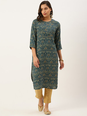 SHOWOFFFF Women Printed Straight Kurta(Blue)