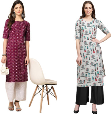 KAUTAQI Women Printed Straight Kurta(Multicolor)