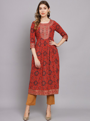 Nehamta Women Printed A-line Kurta(Red)