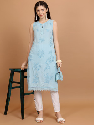 Vishudh Women Printed Straight Kurta(Blue)