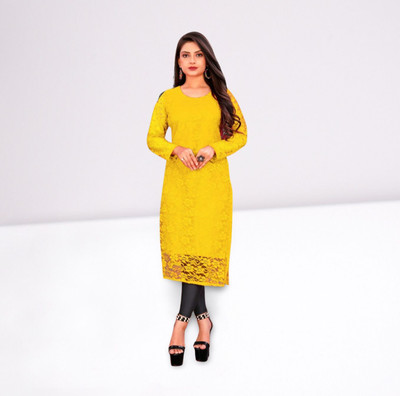 HOC's Women Self Design Straight Kurta(Yellow)