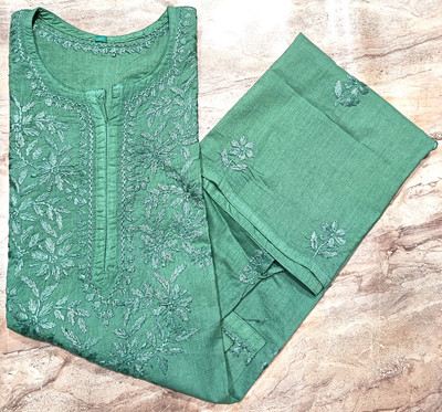 Aqsha Chikan Handicraft Women Chikan Embroidery A-line Kurta(Green)